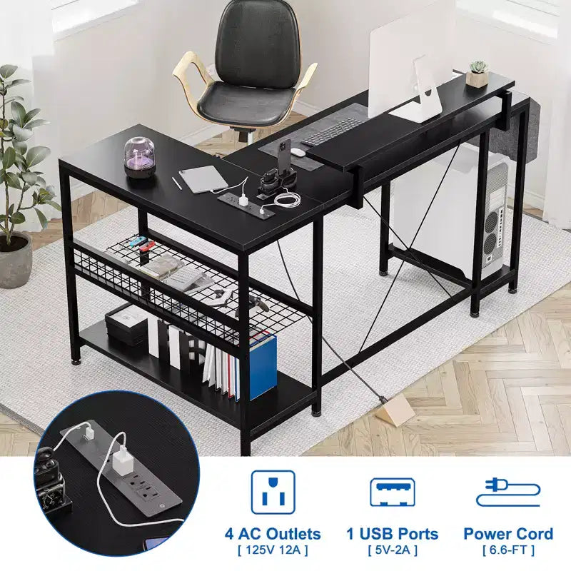 49 L-Shaped Computer Desk with LED Lights and Power Outlet - Reversible Corner Gaming Table with Monitor Stand & Storage Shelves