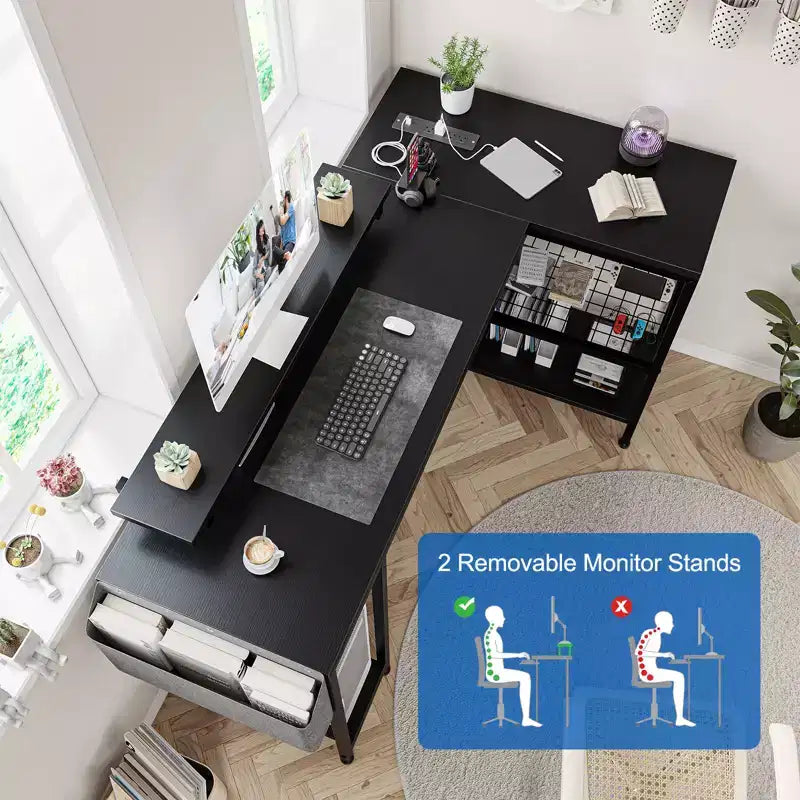 49 L-Shaped Computer Desk with LED Lights and Power Outlet - Reversible Corner Gaming Table with Monitor Stand & Storage Shelves