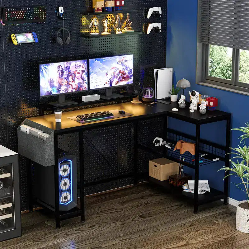 49 L-Shaped Computer Desk with LED Lights and Power Outlet - Reversible Corner Gaming Table with Monitor Stand & Storage Shelves