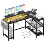 49 L-Shaped Computer Desk with LED Lights and Power Outlet - Reversible Corner Gaming Table with Monitor Stand & Storage Shelves