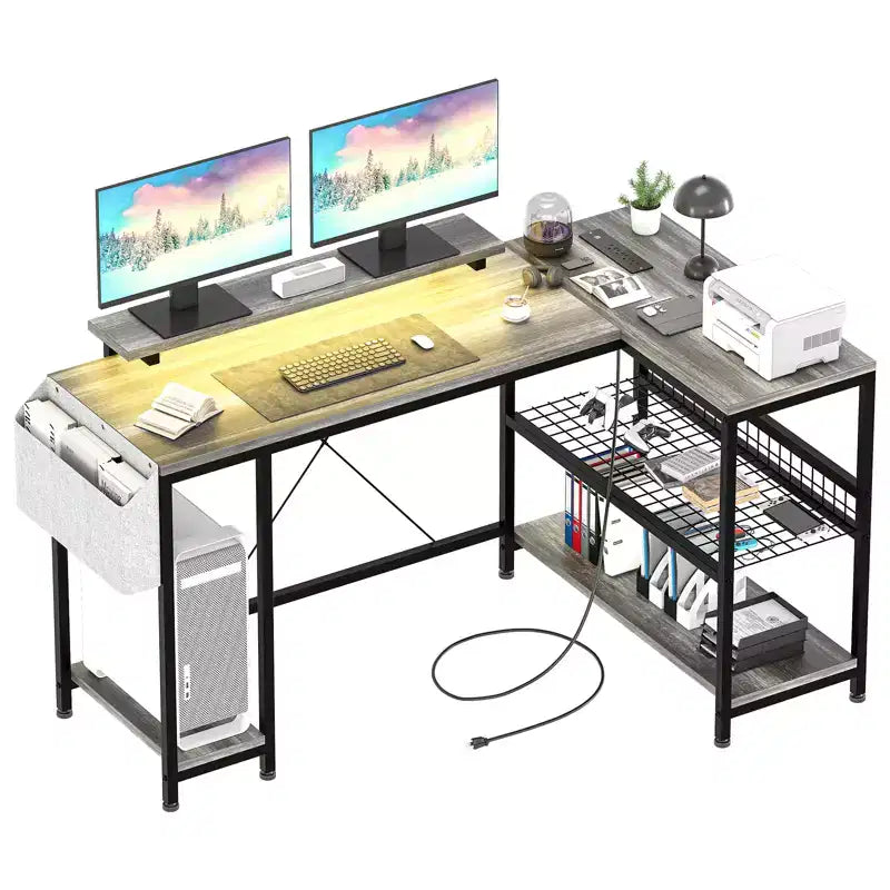 49 L-Shaped Computer Desk with LED Lights and Power Outlet - Reversible Corner Gaming Table with Monitor Stand & Storage Shelves