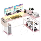 49 L-Shaped Computer Desk with LED Lights and Power Outlet - Reversible Corner Gaming Table with Monitor Stand & Storage Shelves