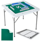4 Player Folding Mahjong Table. Wear-Resistant Green Tabletop. Portable Square Card Desk with Cup Holders & Chip Trays for Domino. & Puzzles