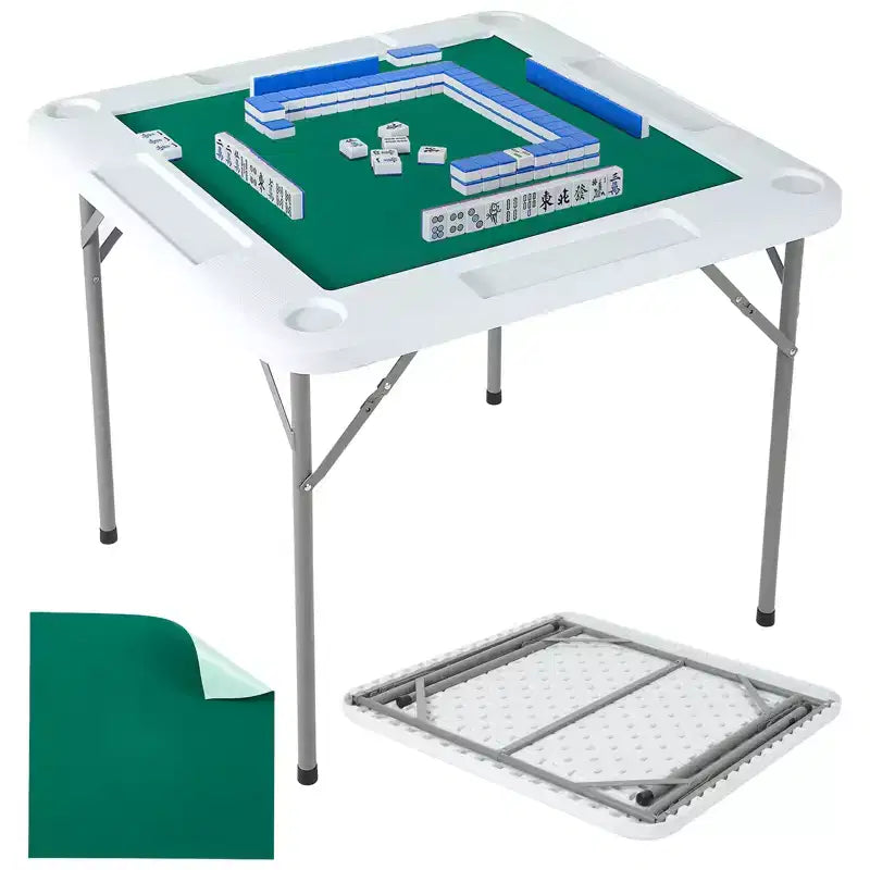 4 Player Folding Mahjong Table. Wear-Resistant Green Tabletop. Portable Square Card Desk with Cup Holders & Chip Trays for Domino. & Puzzles