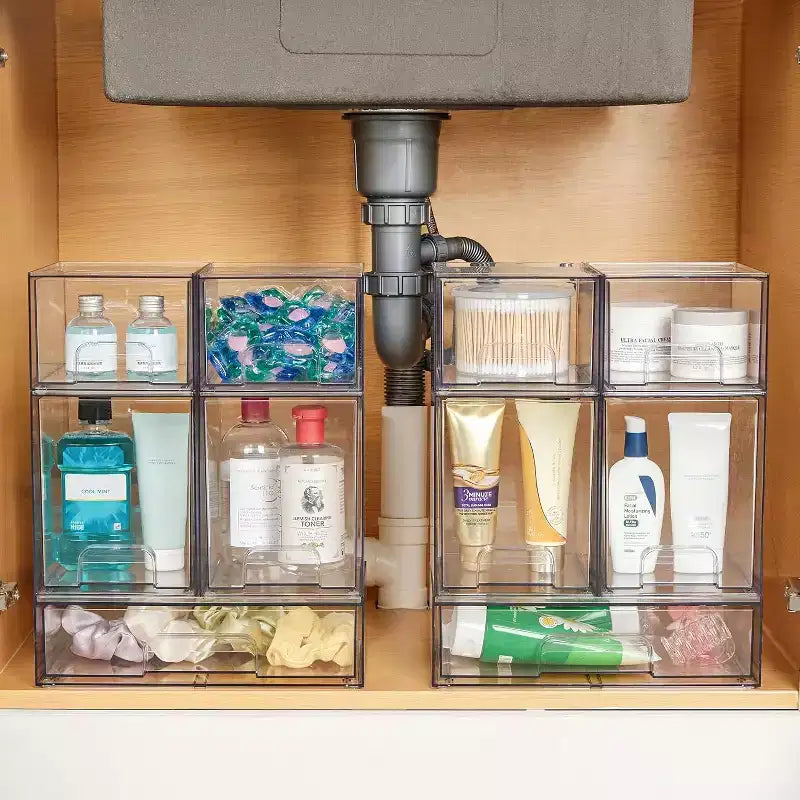 Vtopmart Lot de 8 tiroirs de rangement empilables en plastique transparent, pour fournitures de salle de bain, idéal pour l'organisation des armoires, du garde-manger et de la buanderie