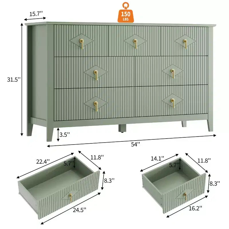 Commode industrielle moderne cannelée à 7 tiroirs en bois, avec design anti-basculement et poignées métalliques, pour chambre à coucher et salon