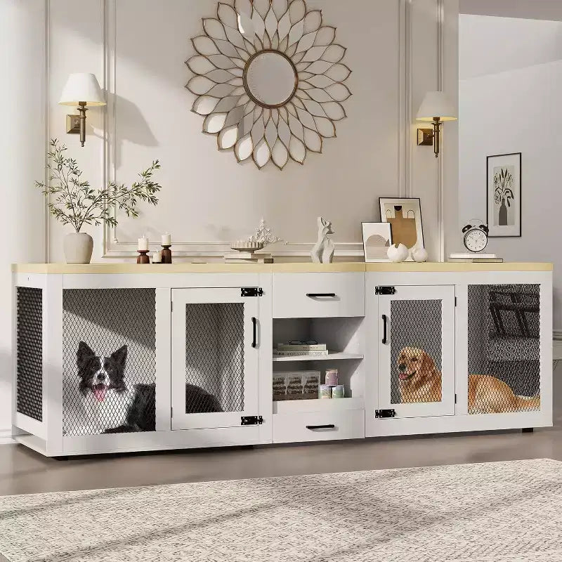 90 Inch Large Dog Crate Furniture, Feeding Station, Storage, Furniture-Style, for Living Room, Home