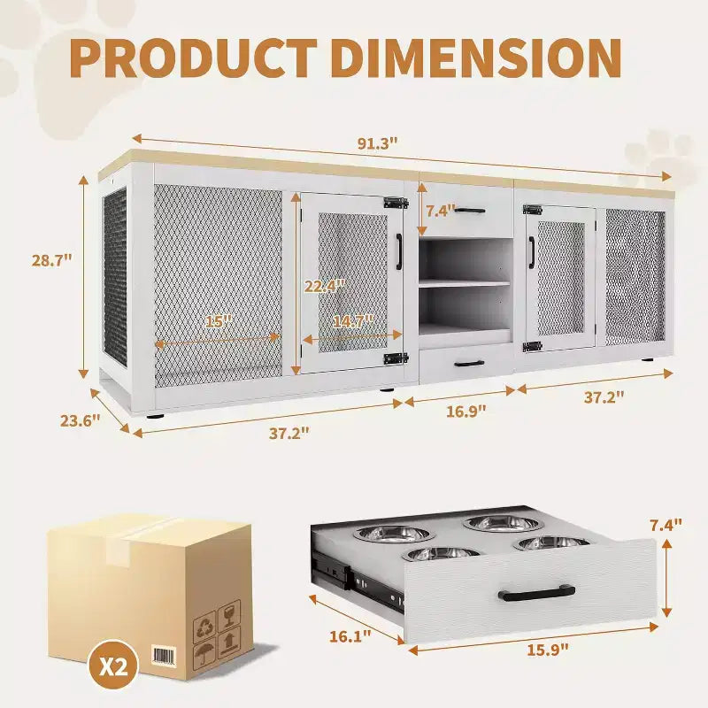 Meuble pour cage de grand chien de 90 pouces, station d'alimentation, rangement, style meuble, pour salon, maison