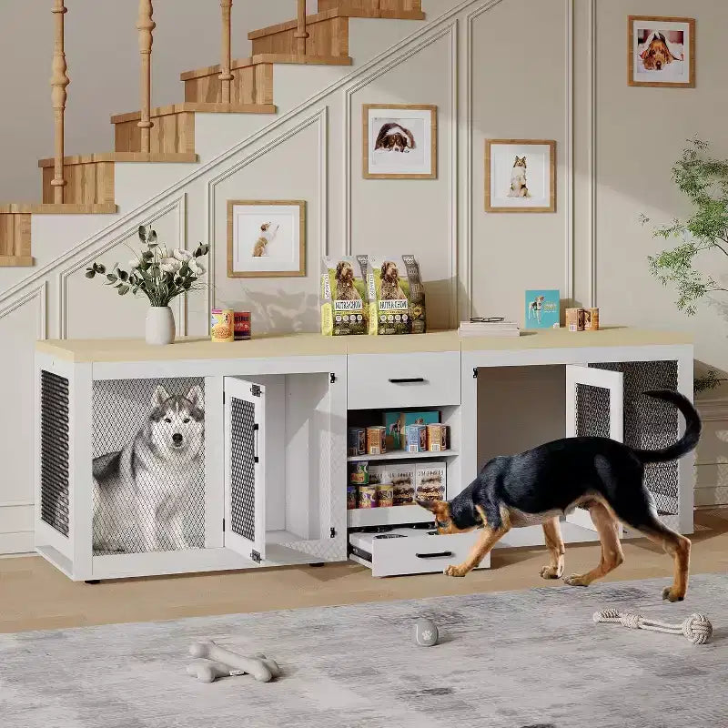 Meuble pour cage de grand chien de 90 pouces, station d'alimentation, rangement, style meuble, pour salon, maison