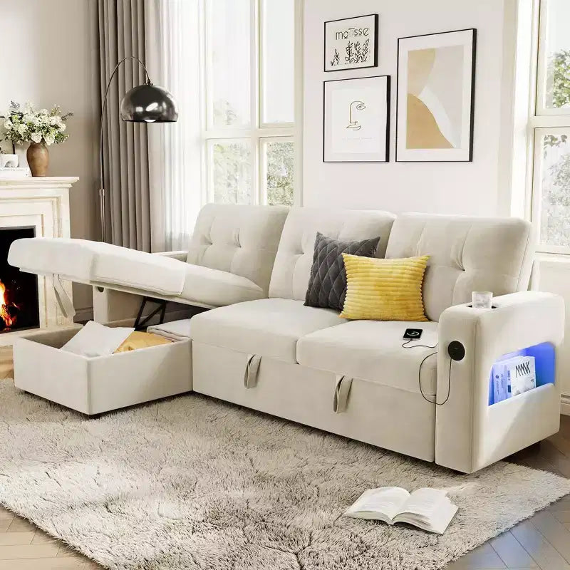 Canapé-lit convertible, canapé d'angle en L, canapé-lit escamotable avec rangement, station de charge, canapé modulaire moderne pour salon, appartement
