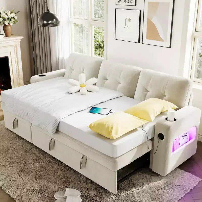 Canapé-lit convertible, canapé d'angle en L, canapé-lit escamotable avec rangement, station de charge, canapé modulaire moderne pour salon, appartement