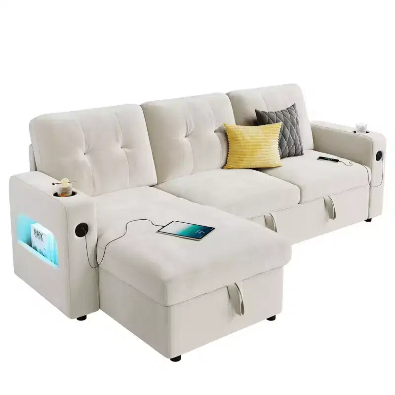 Canapé-lit convertible, canapé d'angle en L, canapé-lit escamotable avec rangement, station de charge, canapé modulaire moderne pour salon, appartement