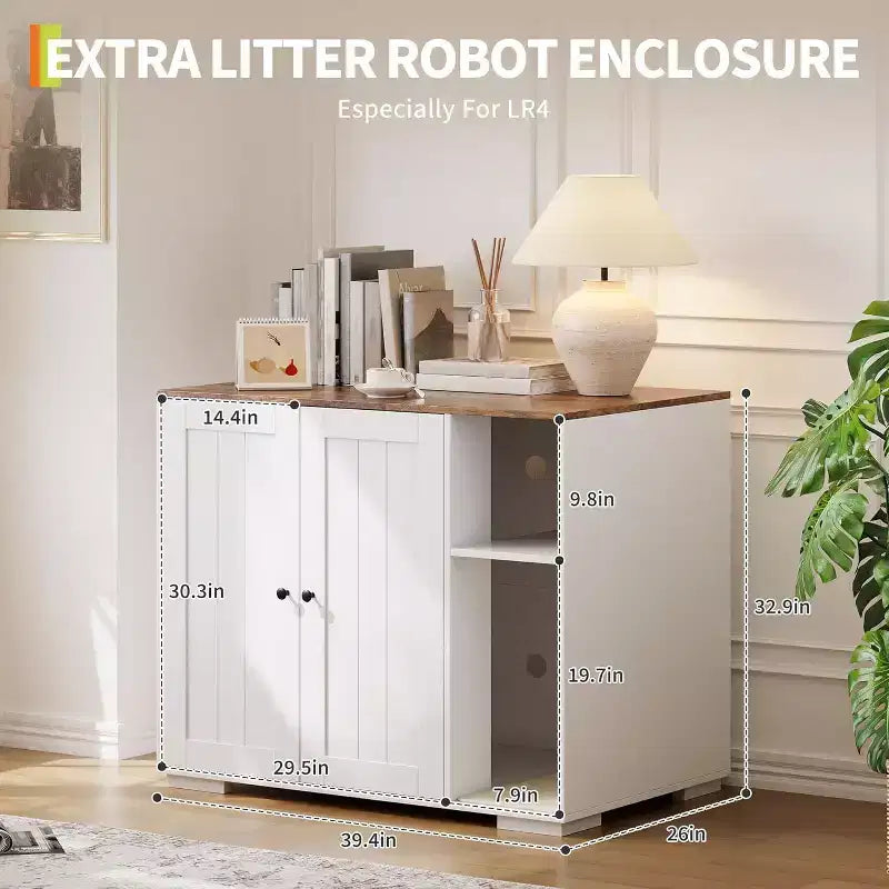 Meuble cache-litière extra large avec griffoir, meuble pour litière automatique de grande taille, cache-litière à l'épreuve des chiens avec prise de courant, espace de rangement pour affaires de chat
