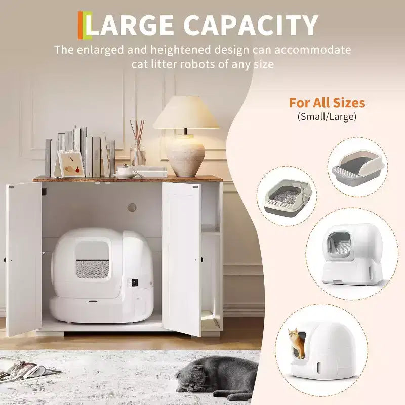 Meuble cache-litière extra large avec griffoir, meuble pour litière automatique de grande taille, cache-litière à l'épreuve des chiens avec prise de courant, espace de rangement pour affaires de chat