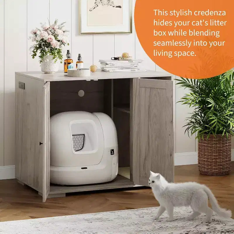 Meuble cache-litière extra large avec griffoir, meuble pour litière automatique de grande taille, cache-litière à l'épreuve des chiens avec prise de courant, espace de rangement pour affaires de chat