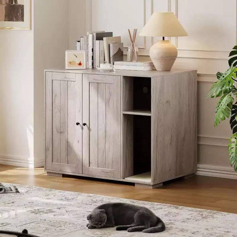 Meuble cache-litière extra large avec griffoir, meuble pour litière automatique de grande taille, cache-litière à l'épreuve des chiens avec prise de courant, espace de rangement pour affaires de chat