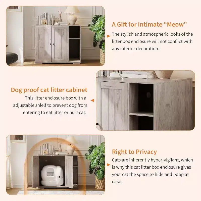 Meuble cache-litière extra large avec griffoir, meuble pour litière automatique de grande taille, cache-litière à l'épreuve des chiens avec prise de courant, espace de rangement pour affaires de chat