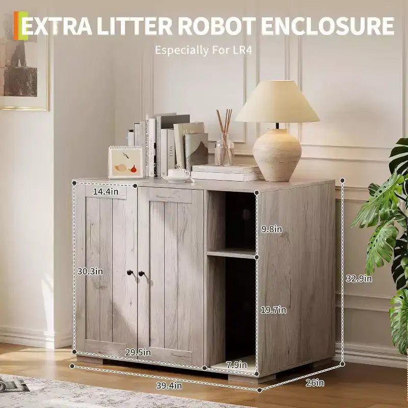 Meuble cache-litière extra large avec griffoir, meuble pour litière automatique de grande taille, cache-litière à l'épreuve des chiens avec prise de courant, espace de rangement pour affaires de chat