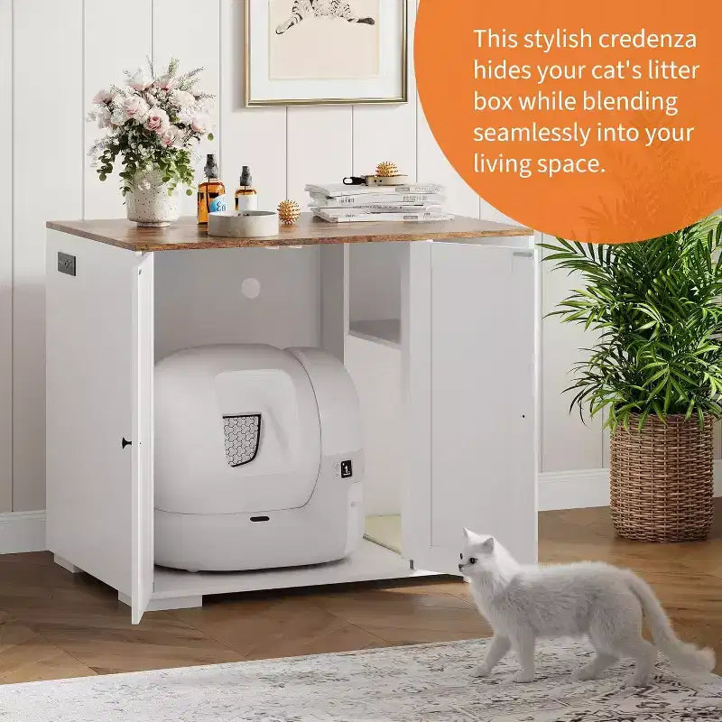 Meuble cache-litière extra large avec griffoir, meuble pour litière automatique de grande taille, cache-litière à l'épreuve des chiens avec prise de courant, espace de rangement pour affaires de chat
