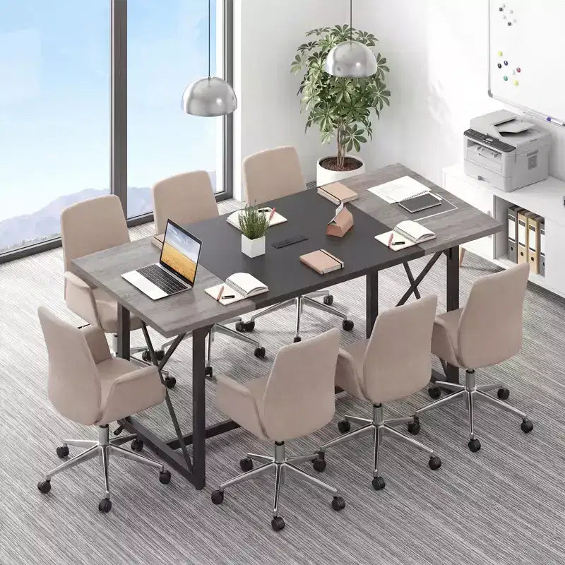 Table de conférence Costway 1/2 PCS 183 cm avec prises électriques, plateau épaissi et cadre métallique robuste Chêne rustique + Noir/Chêne gris