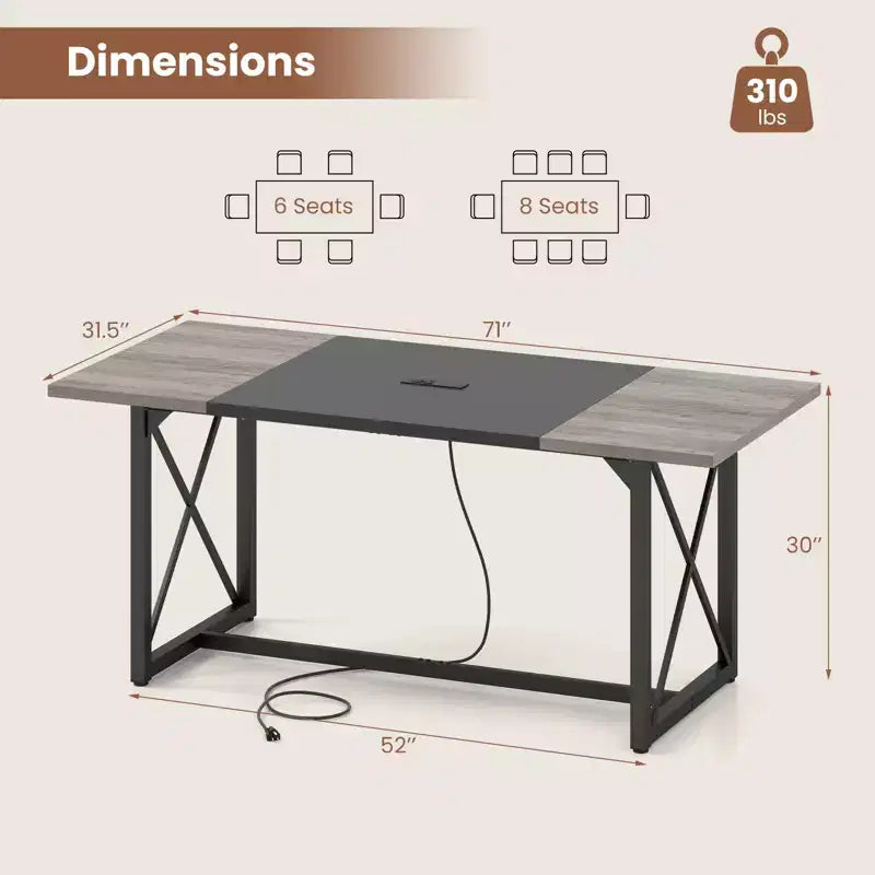 Table de conférence Costway 1/2 PCS 183 cm avec prises électriques, plateau épaissi et cadre métallique robuste Chêne rustique + Noir/Chêne gris