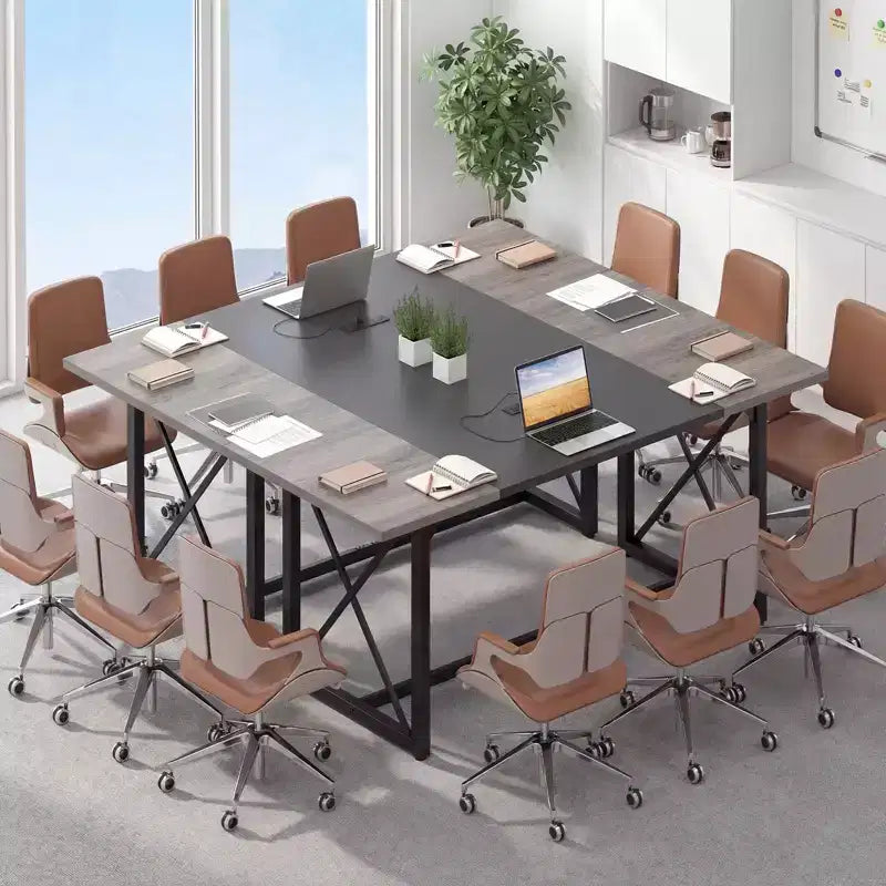 Table de conférence Costway 1/2 PCS 183 cm avec prises électriques, plateau épaissi et cadre métallique robuste Chêne rustique + Noir/Chêne gris