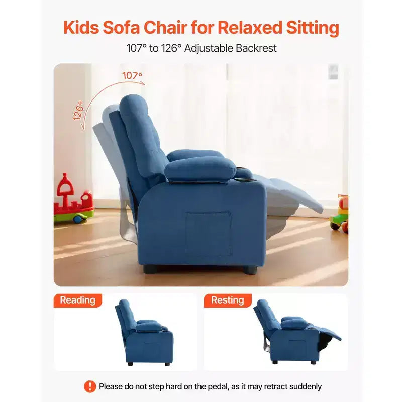 Fauteuil inclinable pour enfants VEVOR, avec porte-gobelets et poches, dossier réglable de 107 à 126°, canapé inclinable en polyester avec repose-pieds, bleu