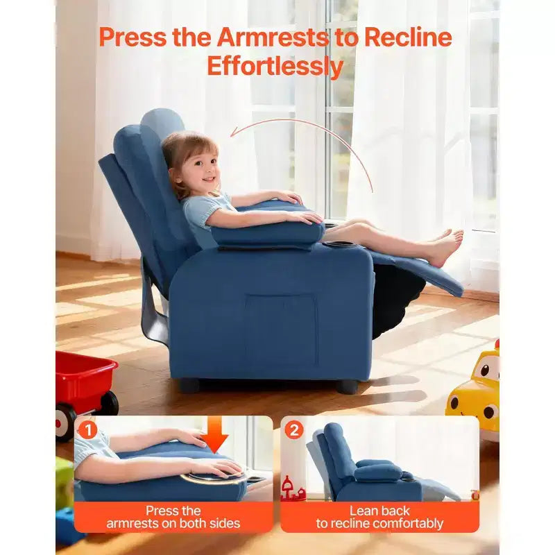 Fauteuil inclinable pour enfants VEVOR, avec porte-gobelets et poches, dossier réglable de 107 à 126°, canapé inclinable en polyester avec repose-pieds, bleu