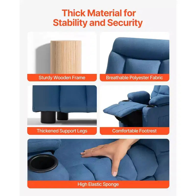Fauteuil inclinable pour enfants VEVOR, avec porte-gobelets et poches, dossier réglable de 107 à 126°, canapé inclinable en polyester avec repose-pieds, bleu