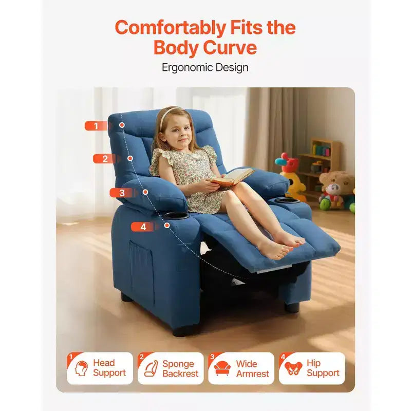 Fauteuil inclinable pour enfants VEVOR, avec porte-gobelets et poches, dossier réglable de 107 à 126°, canapé inclinable en polyester avec repose-pieds, bleu