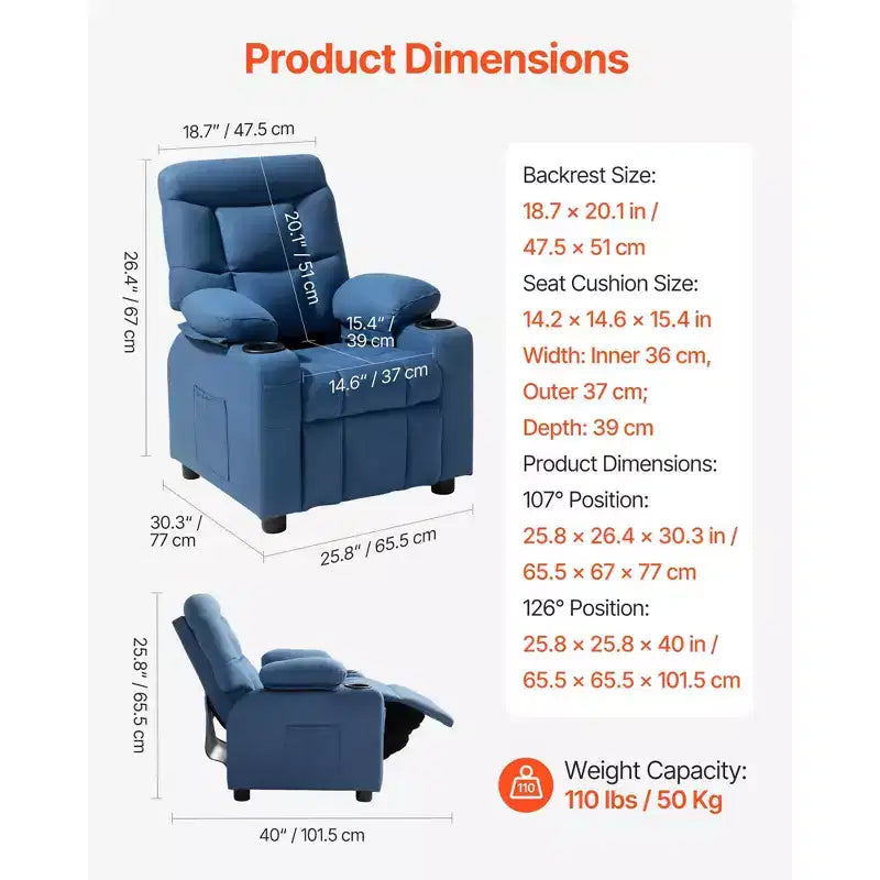 Fauteuil inclinable pour enfants VEVOR, avec porte-gobelets et poches, dossier réglable de 107 à 126°, canapé inclinable en polyester avec repose-pieds, bleu