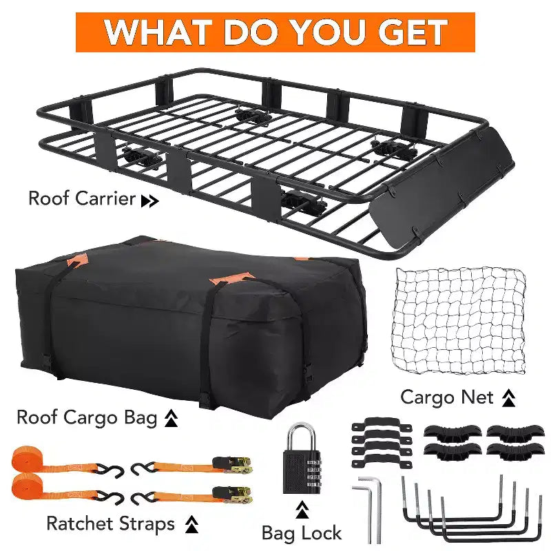 64x39x6 in Heavy Duty Steel Roof Rack Basket, 200 Lbs Capacity, Includes Waterproof Cargo Bag & Net, Lock & Ratchet Straps, for Car/SUV/Truck, Black