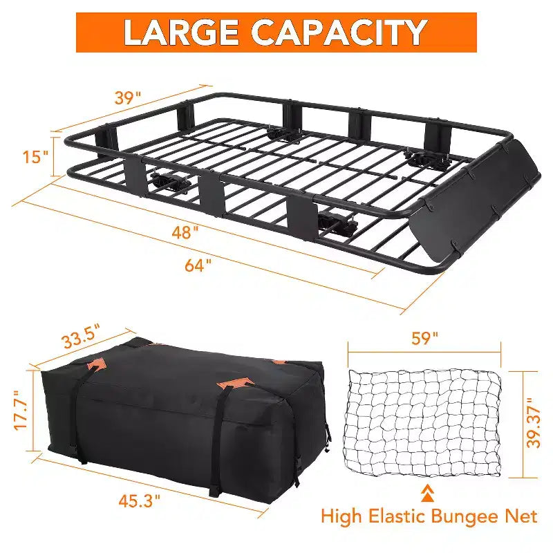 Panier de toit robuste en acier, 64x39x6 po, capacité de 200 lb, comprend un sac de chargement étanche et un filet, un antivol et des sangles à cliquet, pour voiture/VUS/camion, noir