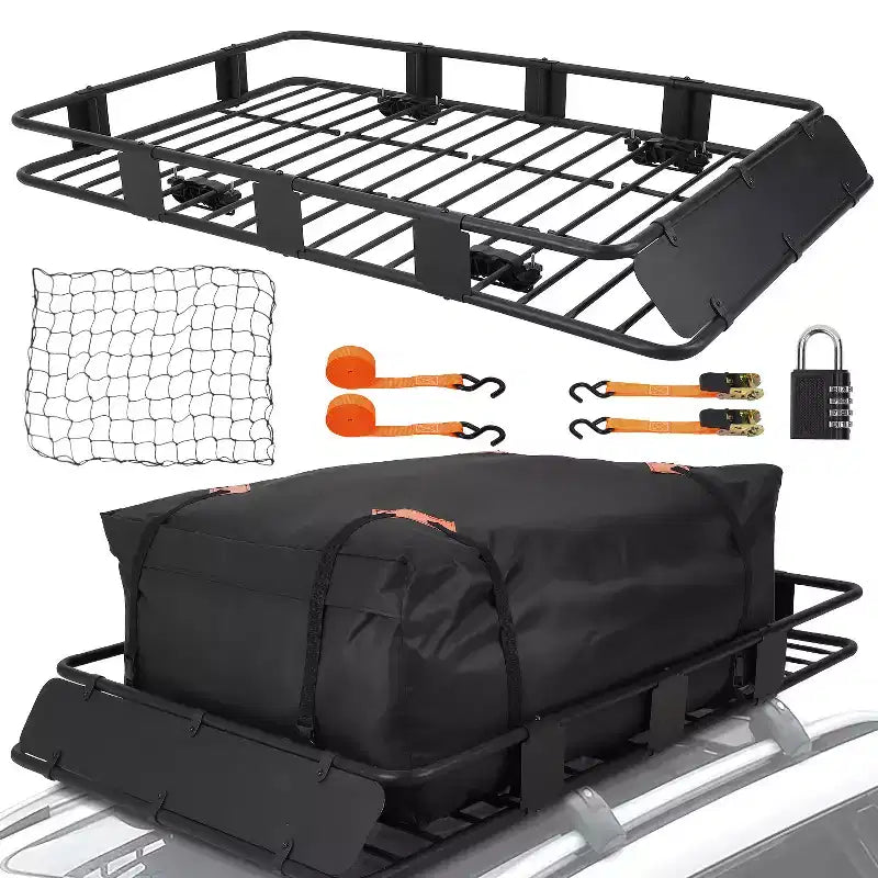 Panier de toit robuste en acier, 64x39x6 po, capacité de 200 lb, comprend un sac de chargement étanche et un filet, un antivol et des sangles à cliquet, pour voiture/VUS/camion, noir