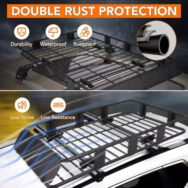 Panier de toit robuste en acier, 64x39x6 po, capacité de 200 lb, comprend un sac de chargement étanche et un filet, un antivol et des sangles à cliquet, pour voiture/VUS/camion, noir