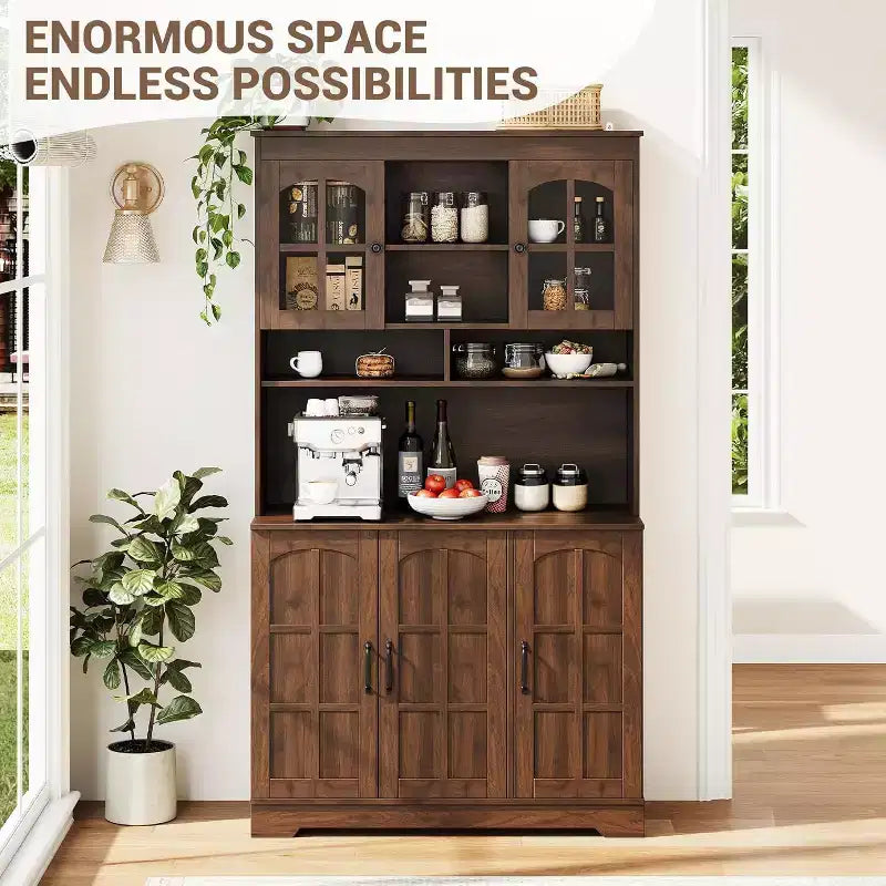 Armoire de rangement noire de 180 cm de haut avec portes vitrées, buffet avec station de charge intégrée et porte-bouteilles pour cuisine et salle à manger