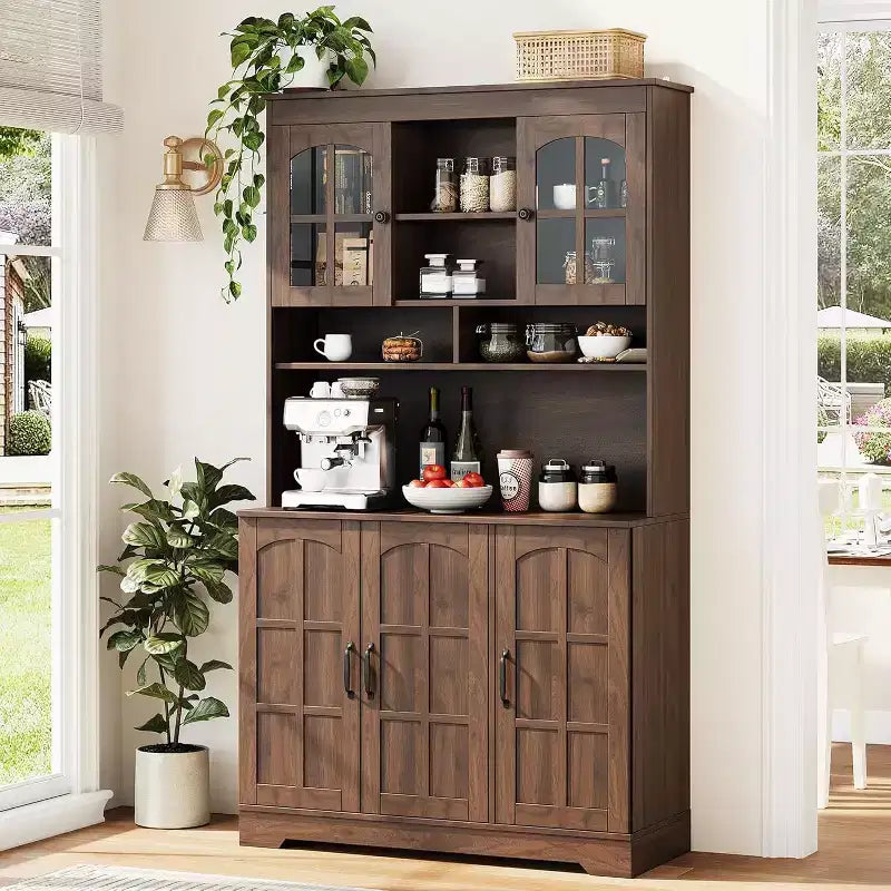 Armoire de rangement noire de 180 cm de haut avec portes vitrées, buffet avec station de charge intégrée et porte-bouteilles pour cuisine et salle à manger