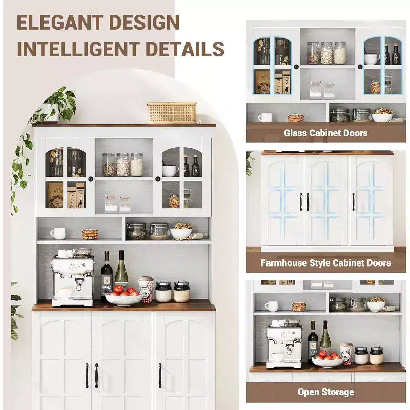 Armoire de rangement noire de 180 cm de haut avec portes vitrées, buffet avec station de charge intégrée et porte-bouteilles pour cuisine et salle à manger
