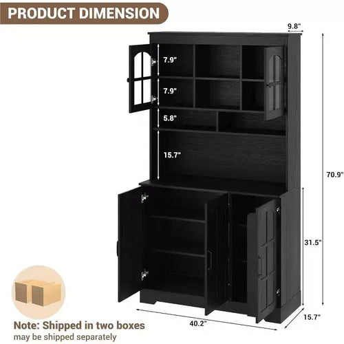 Armoire de rangement noire de 180 cm de haut avec portes vitrées, buffet avec station de charge intégrée et porte-bouteilles pour cuisine et salle à manger