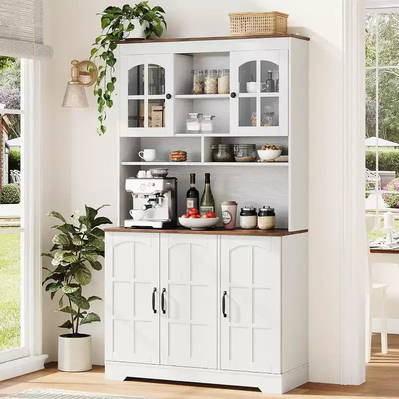 Armoire de rangement noire de 180 cm de haut avec portes vitrées, buffet avec station de charge intégrée et porte-bouteilles pour cuisine et salle à manger