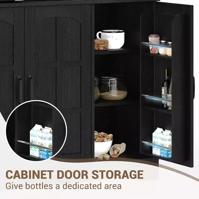 Armoire de rangement noire de 180 cm de haut avec portes vitrées, buffet avec station de charge intégrée et porte-bouteilles pour cuisine et salle à manger
