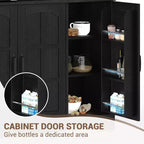 Armoire de rangement noire de 180 cm de haut avec portes vitrées, buffet avec station de charge intégrée et porte-bouteilles pour cuisine et salle à manger