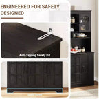 Armoire de rangement noire de 180 cm de haut avec portes vitrées, buffet avec station de charge intégrée et porte-bouteilles pour cuisine et salle à manger