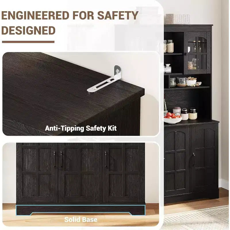 Armoire de rangement noire de 180 cm de haut avec portes vitrées, buffet avec station de charge intégrée et porte-bouteilles pour cuisine et salle à manger