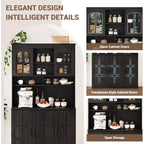 Armoire de rangement noire de 180 cm de haut avec portes vitrées, buffet avec station de charge intégrée et porte-bouteilles pour cuisine et salle à manger