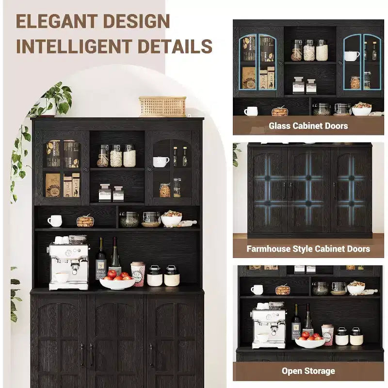 Armoire de rangement noire de 180 cm de haut avec portes vitrées, buffet avec station de charge intégrée et porte-bouteilles pour cuisine et salle à manger