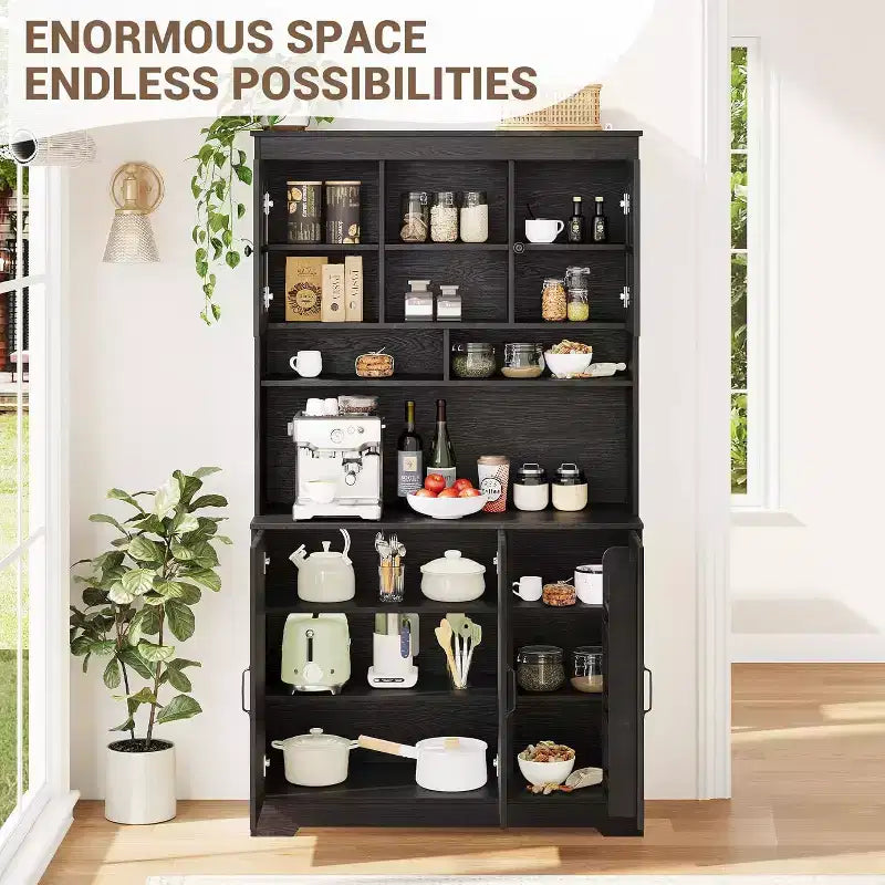 Armoire de rangement noire de 180 cm de haut avec portes vitrées, buffet avec station de charge intégrée et porte-bouteilles pour cuisine et salle à manger