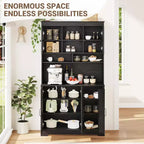 Armoire de rangement noire de 180 cm de haut avec portes vitrées, buffet avec station de charge intégrée et porte-bouteilles pour cuisine et salle à manger