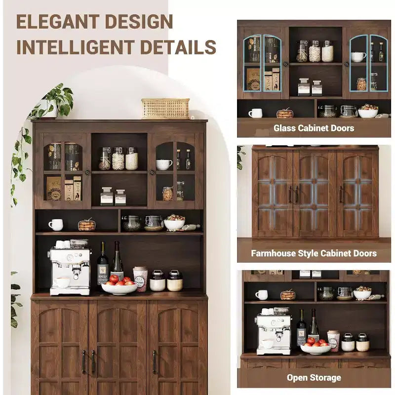 Armoire de rangement noire de 180 cm de haut avec portes vitrées, buffet avec station de charge intégrée et porte-bouteilles pour cuisine et salle à manger