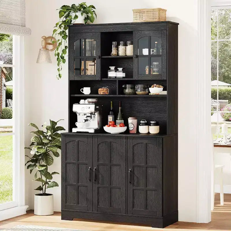 70.9in Tall Black Pantry Cabinet With Glass Doors, Hutch With Built-in Charging Station And Wine Rack For Kitchen And Dining Room